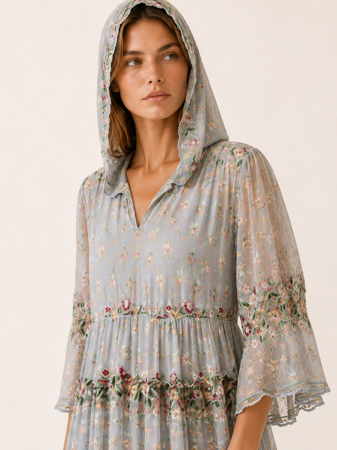 Delia | Hooded Tulle Midi Dress with V Neck Lace Detail