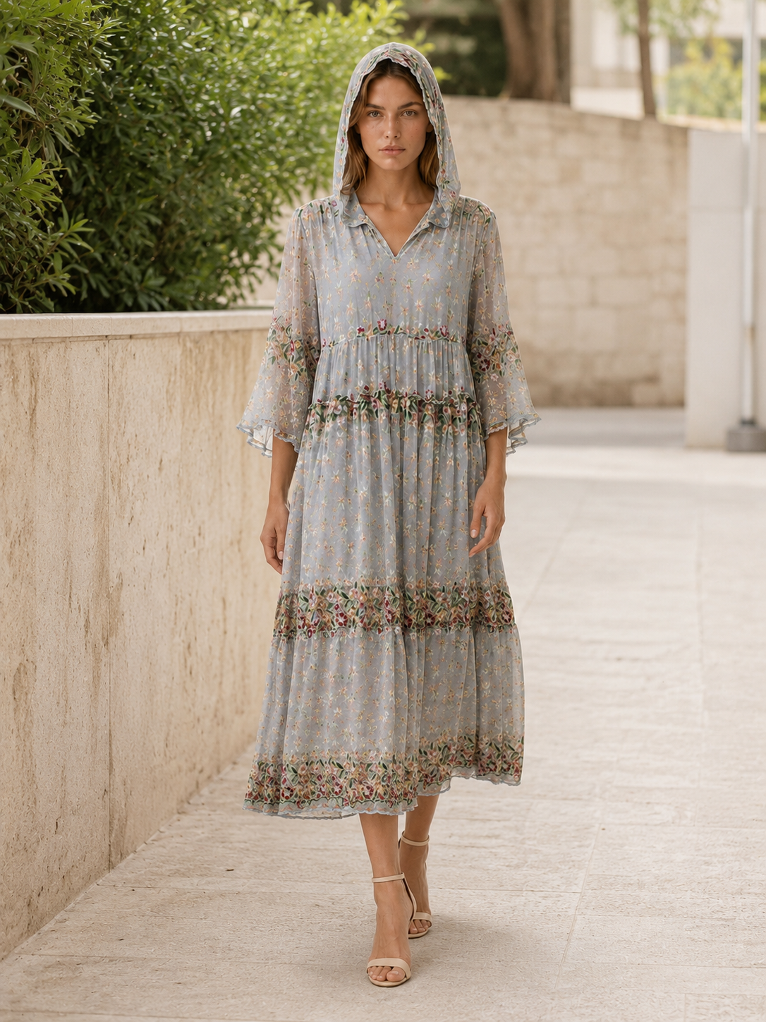 Delia | Hooded Tulle Midi Dress with V Neck Lace Detail