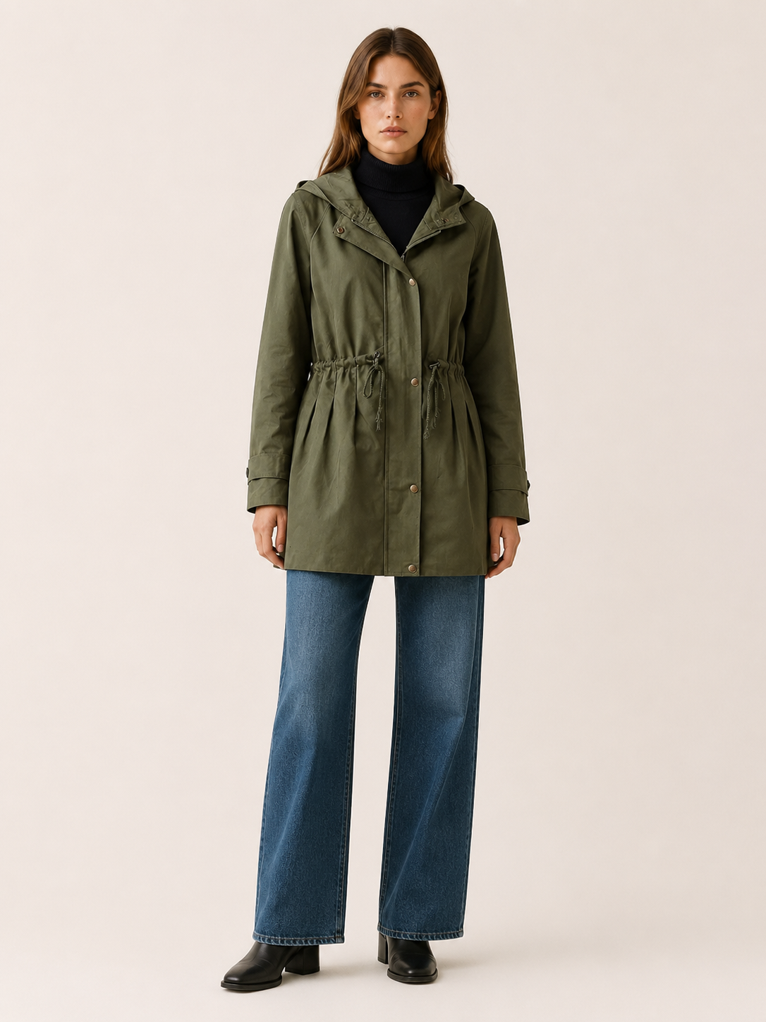 Delphine | Green Trench Coat with Hood and Drawstring Waist