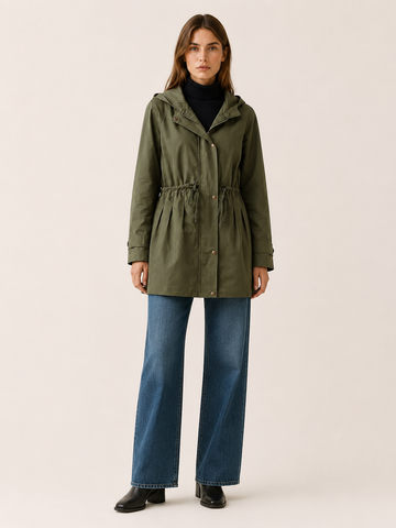 Delphine | Green Trench Coat with Hood and Drawstring Waist