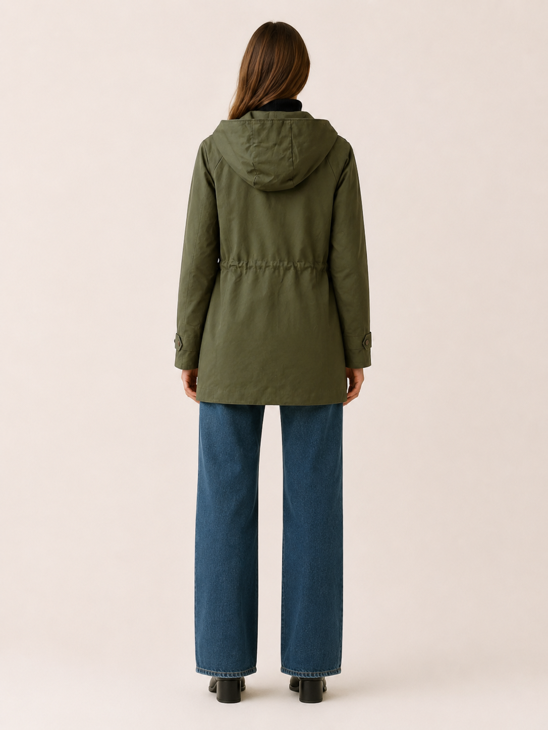Delphine | Green Trench Coat with Hood and Drawstring Waist