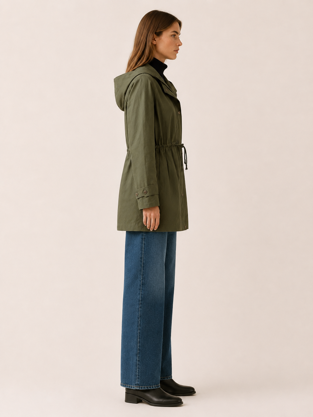 Delphine | Green Trench Coat with Hood and Drawstring Waist
