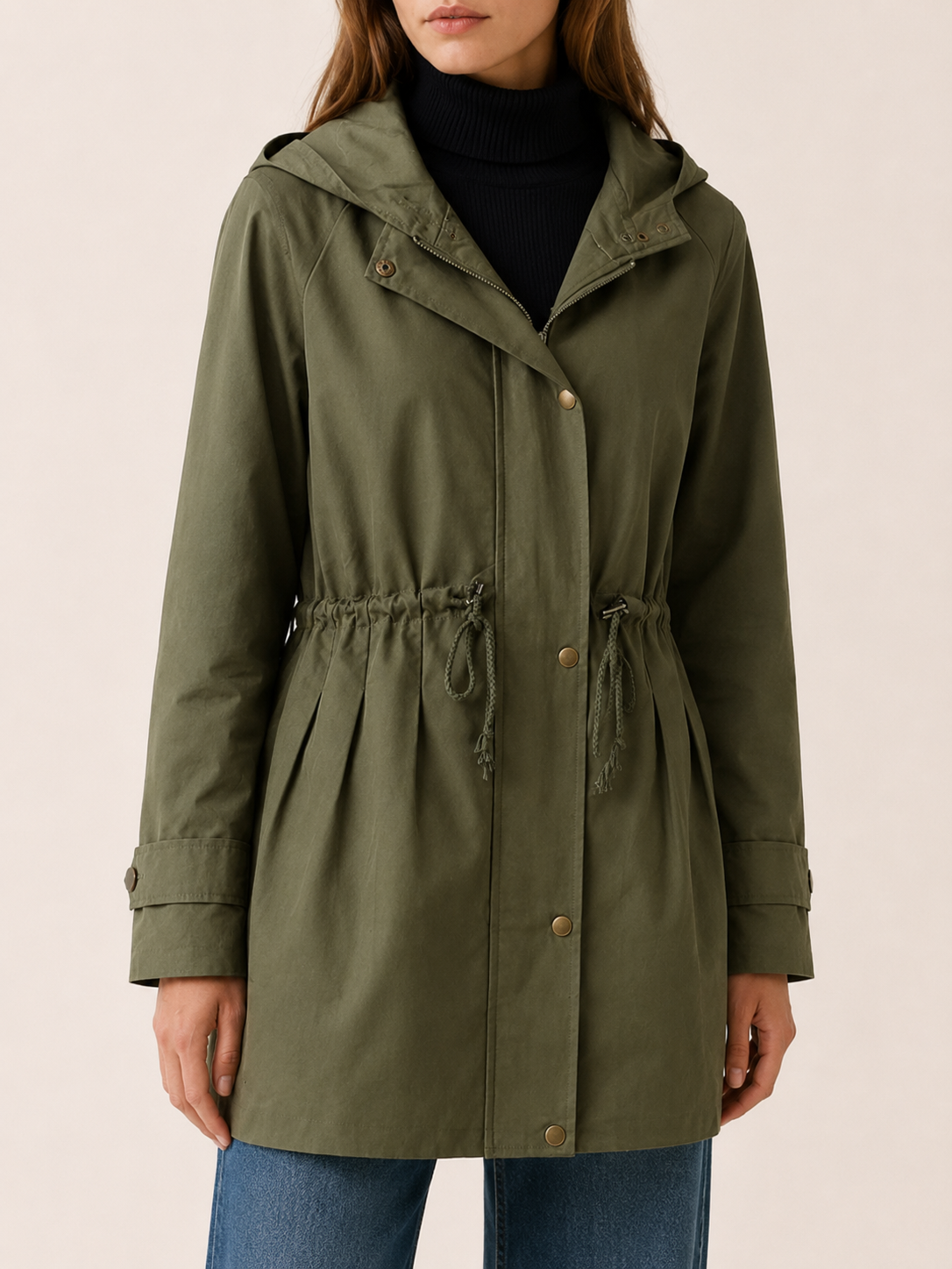 Delphine | Green Trench Coat with Hood and Drawstring Waist