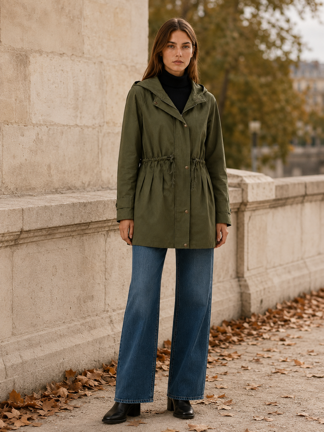 Delphine | Green Trench Coat with Hood and Drawstring Waist