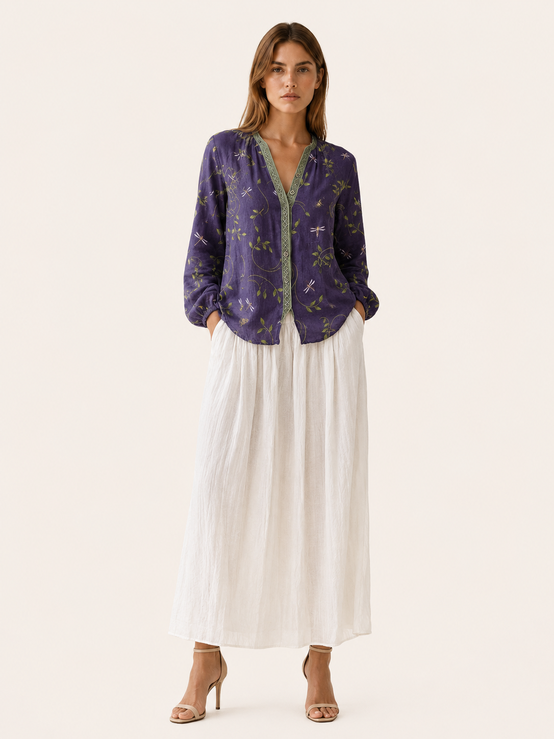 Devon | Leaf Print Blouse with Relaxed Fit Button Front