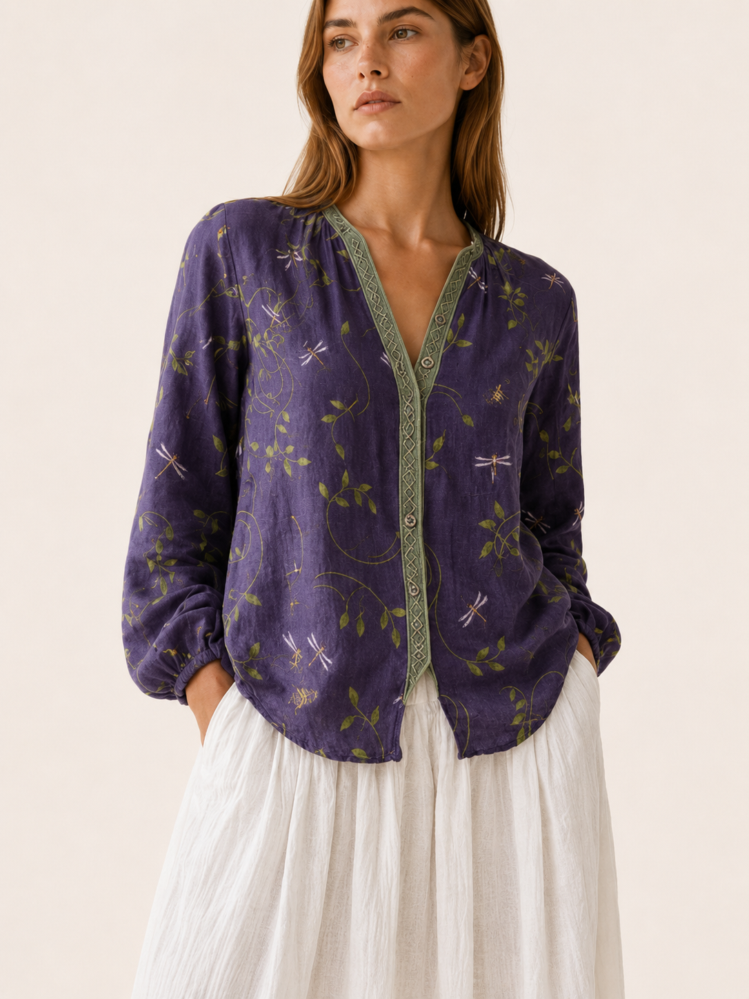Devon | Leaf Print Blouse with Relaxed Fit Button Front