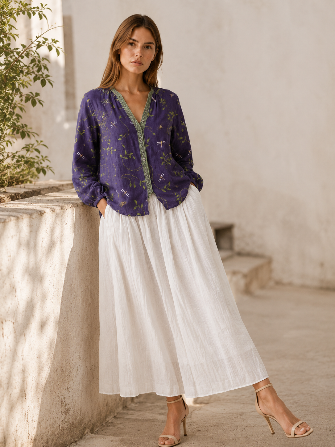 Devon | Leaf Print Blouse with Relaxed Fit Button Front