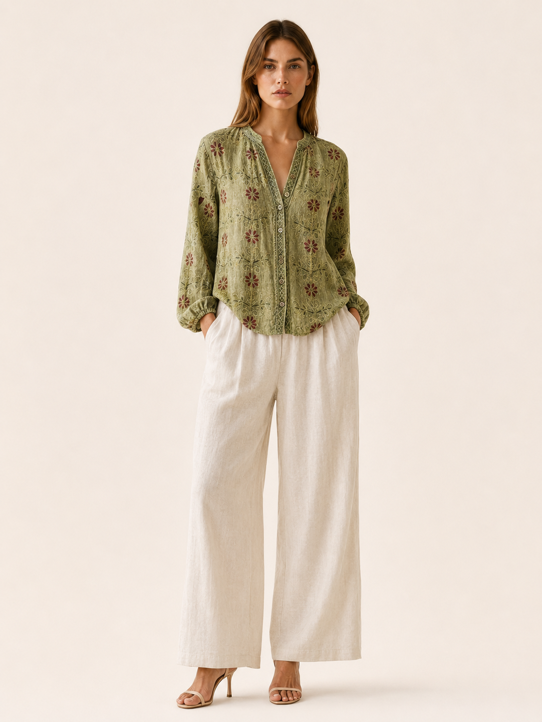 Devon | Leaf Print Blouse with Relaxed Fit Button Front