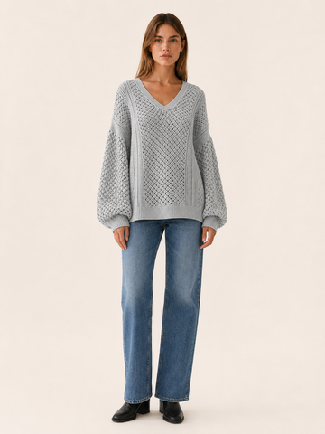 Dovrielle | V Neck Sweater with Openwork Detail and Relaxed Fit