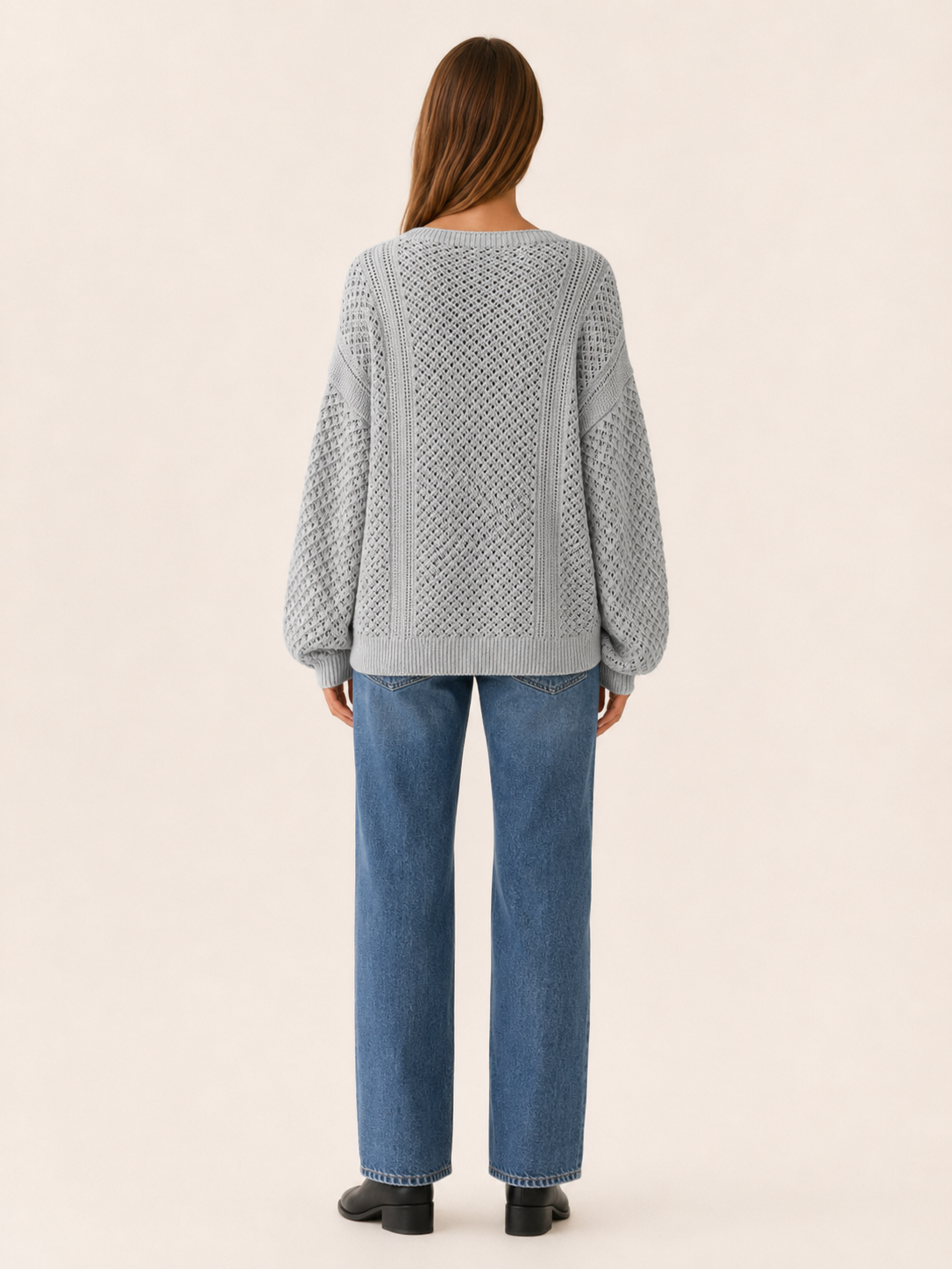 Dovrielle | V Neck Sweater with Openwork Detail and Relaxed Fit