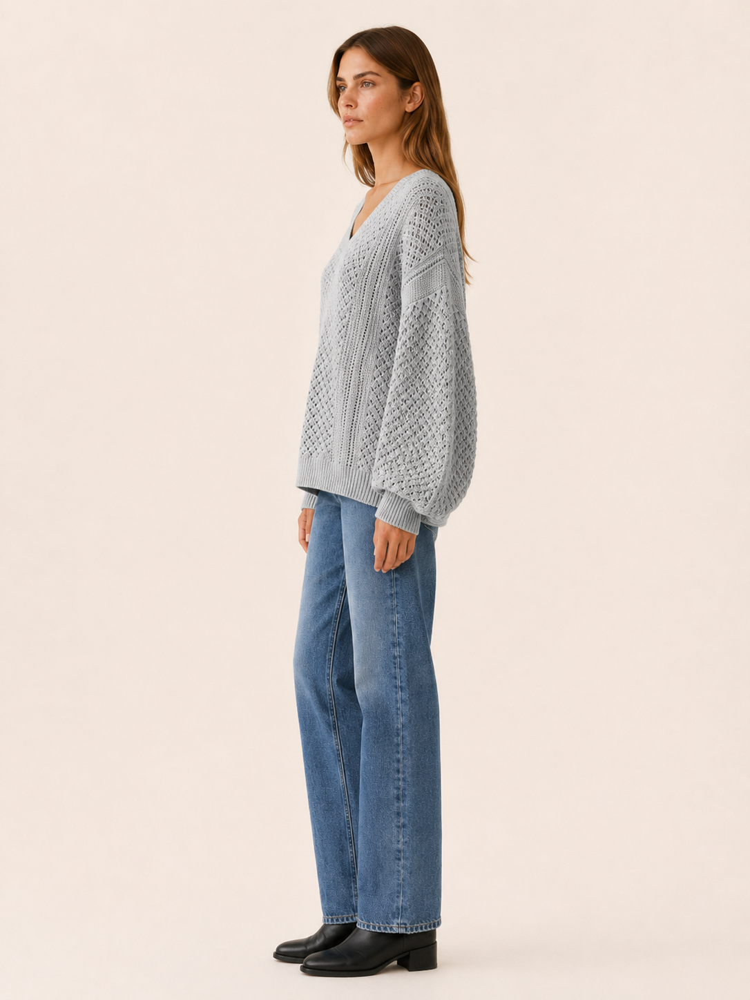 Dovrielle | V Neck Sweater with Openwork Detail and Relaxed Fit