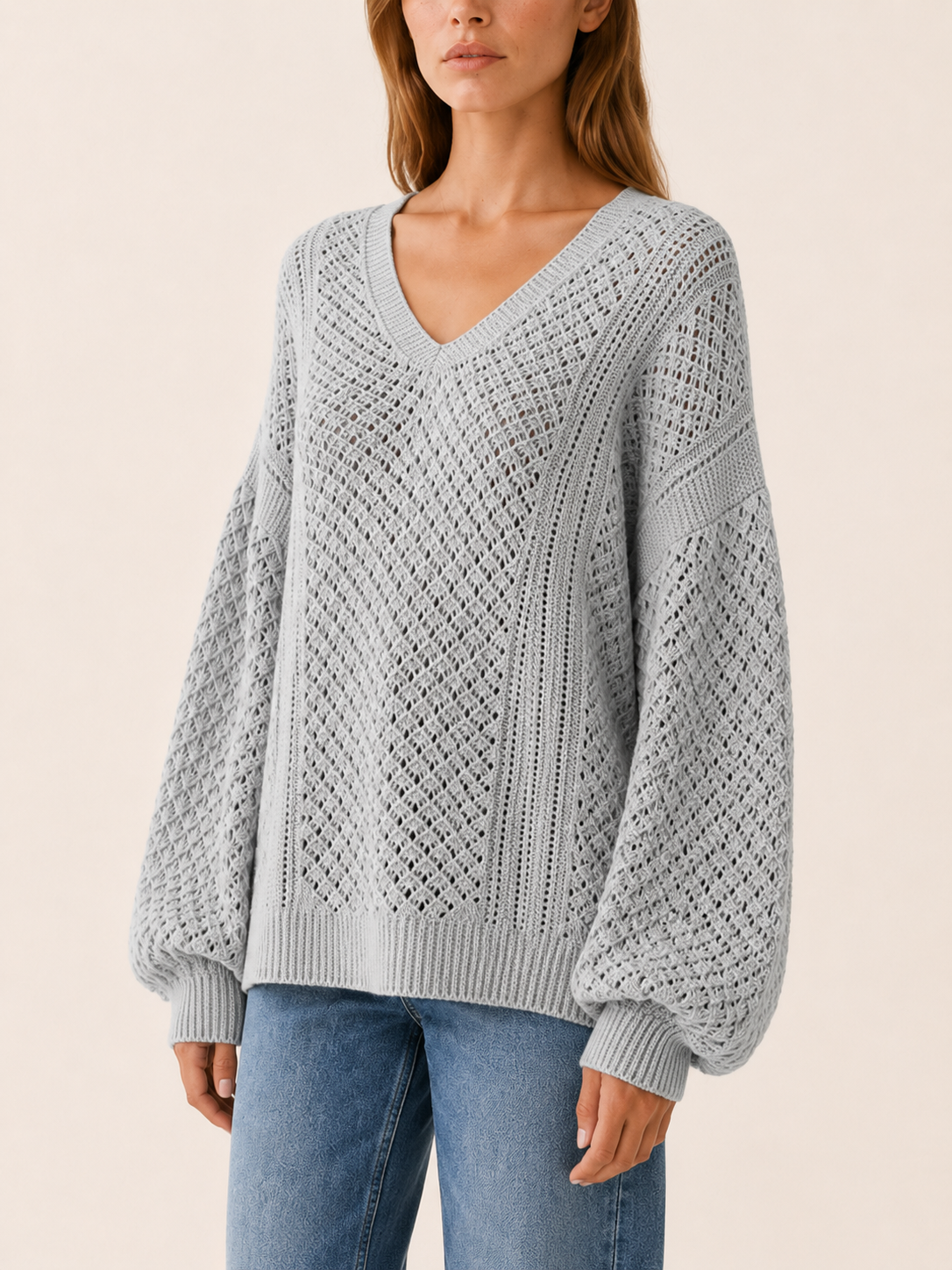 Dovrielle | V Neck Sweater with Openwork Detail and Relaxed Fit