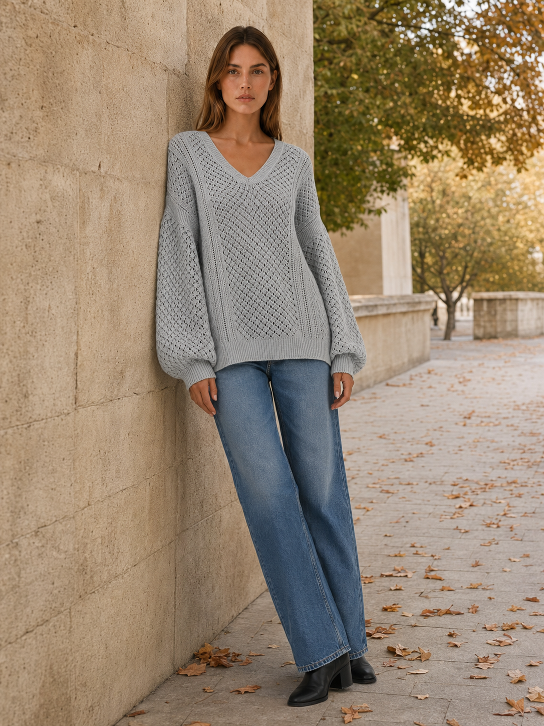 Dovrielle | V Neck Sweater with Openwork Detail and Relaxed Fit