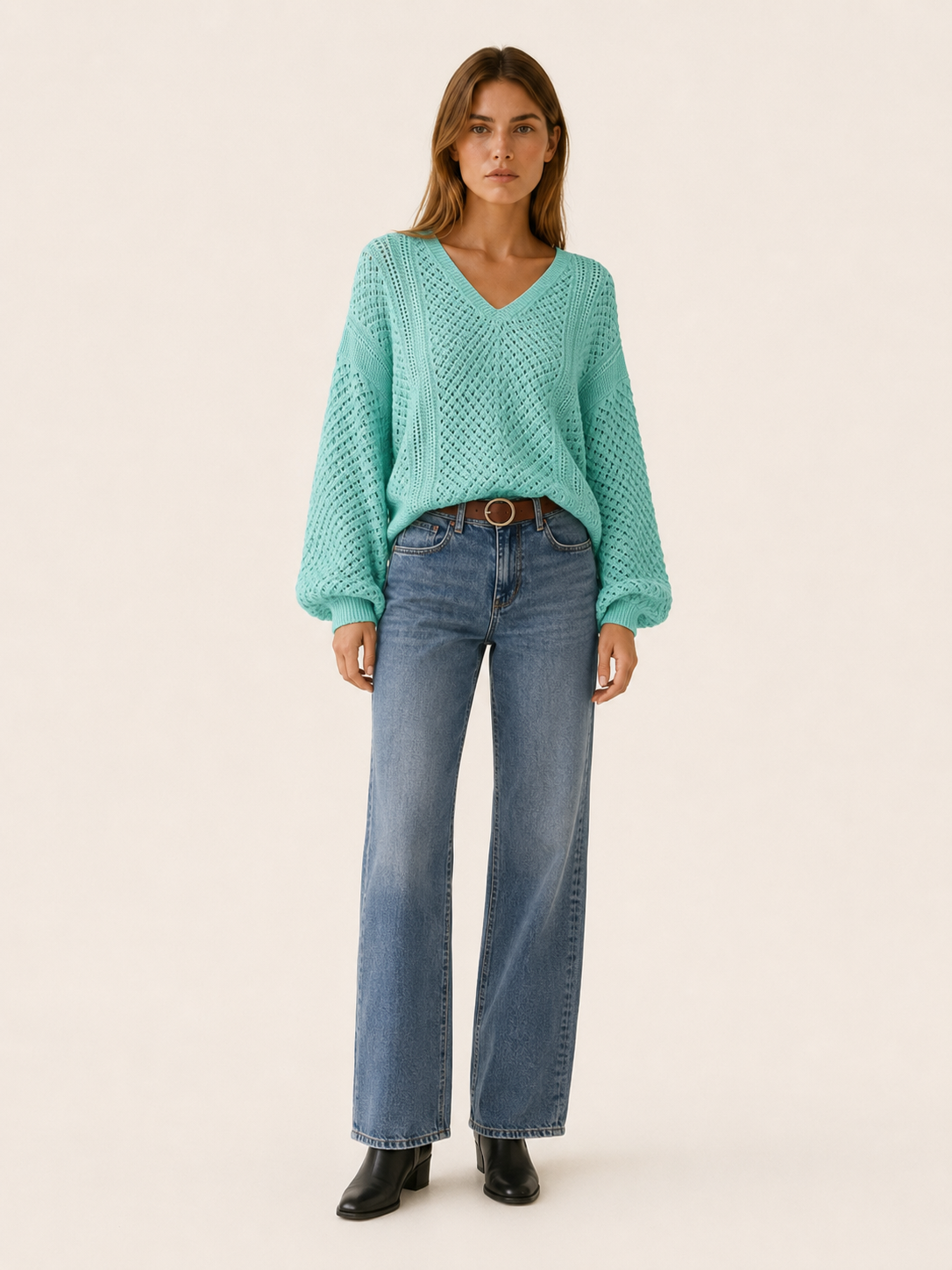 Dovrielle | V Neck Sweater with Openwork Detail and Relaxed Fit