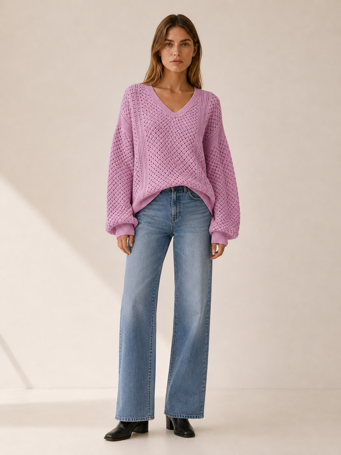 Dovrielle | V Neck Sweater with Openwork Detail and Relaxed Fit