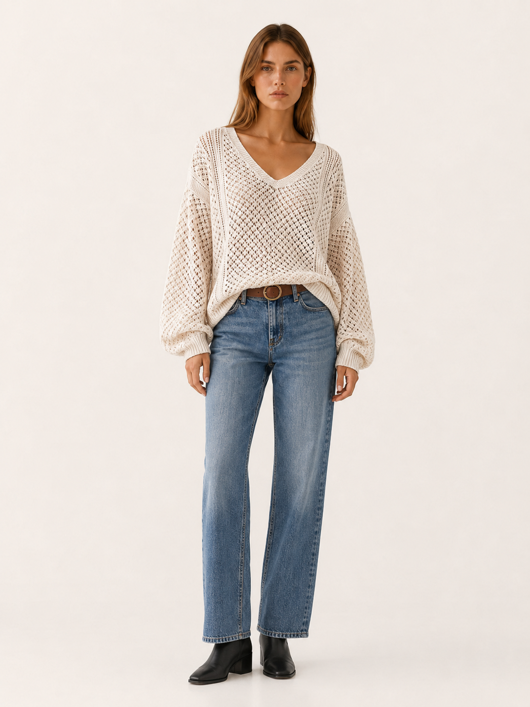Dovrielle | V Neck Sweater with Openwork Detail and Relaxed Fit