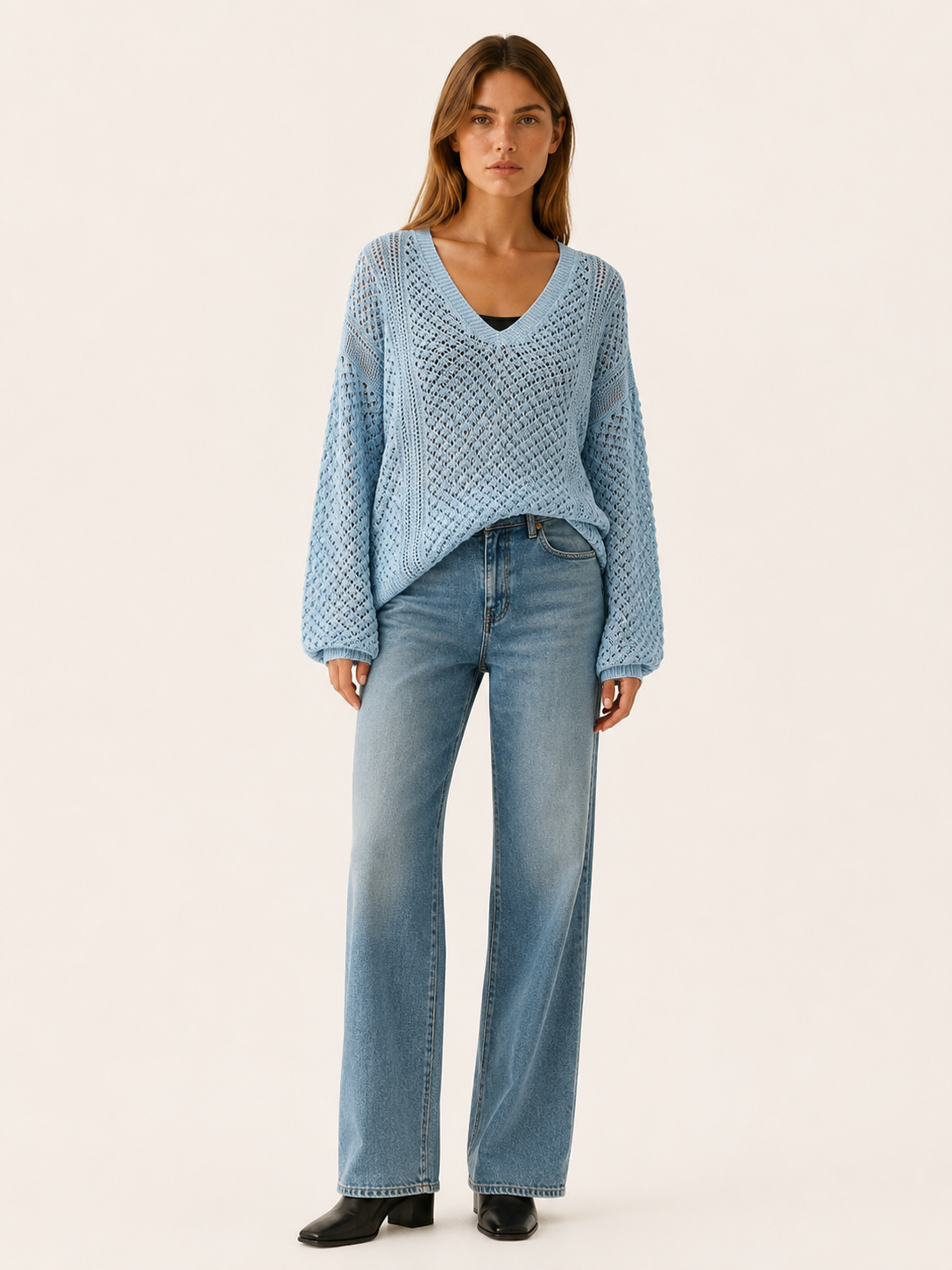 Dovrielle | V Neck Sweater with Openwork Detail and Relaxed Fit