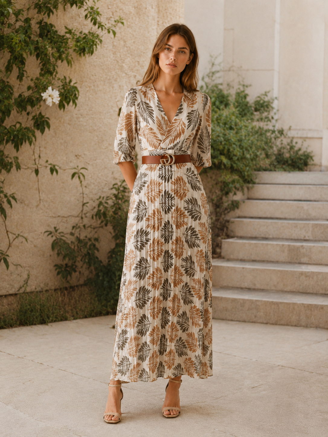 Elaina | Patterned Maxi Dress with Elbow Sleeves
