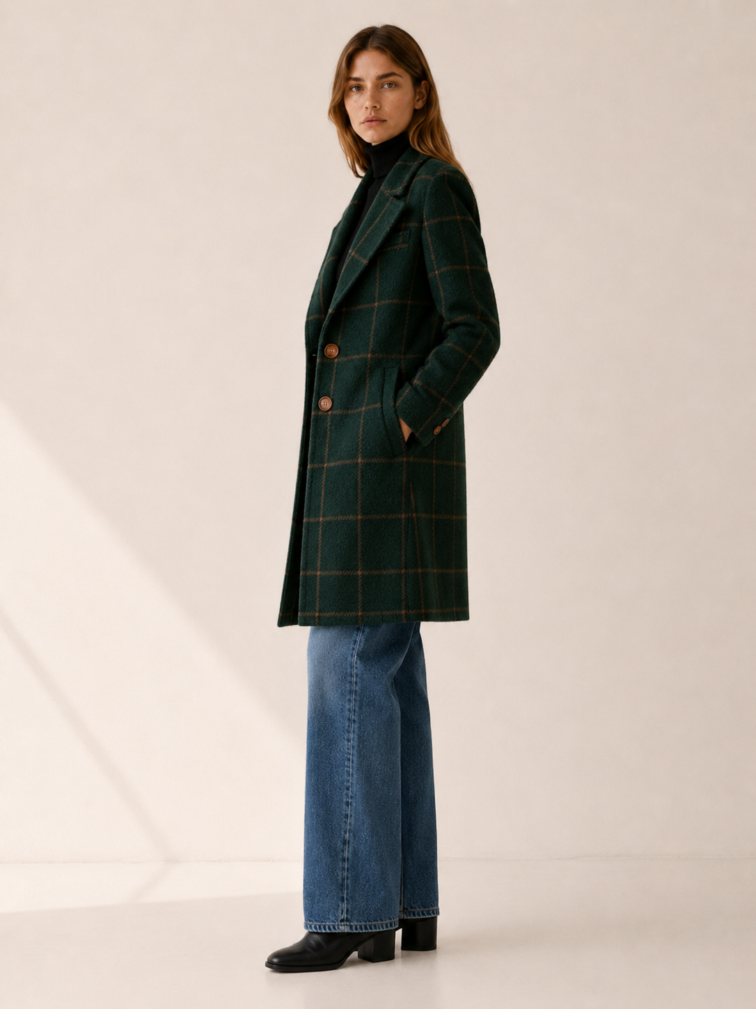 Elise | Trench Coat with Windowpane Check and Longline Fit