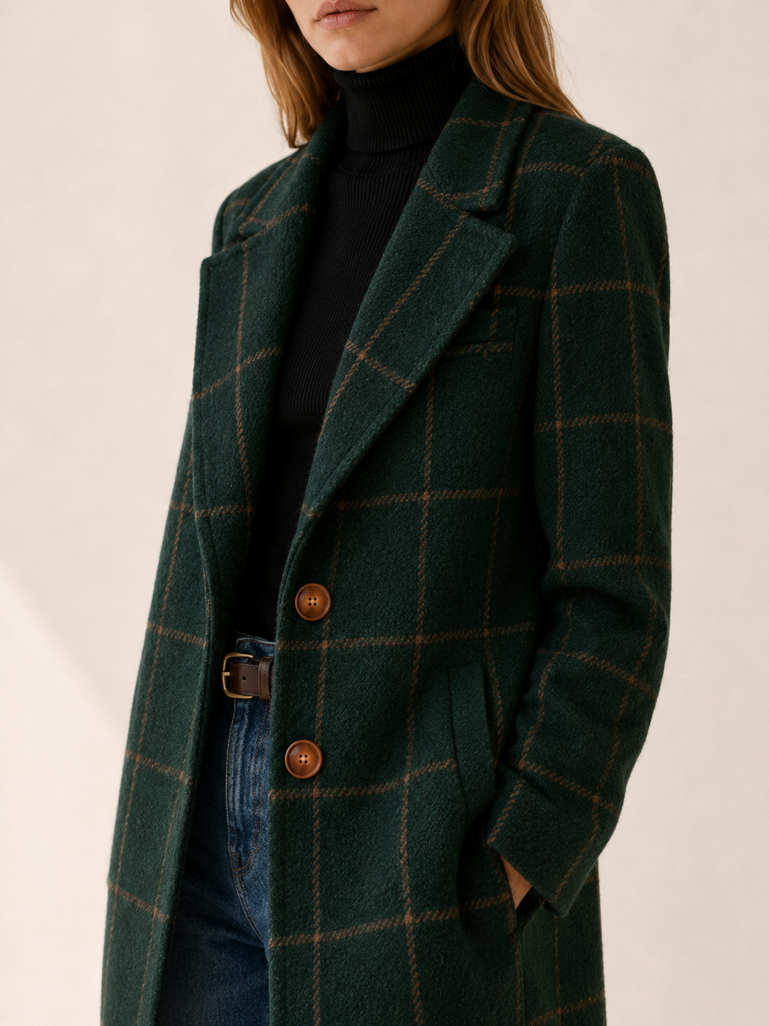 Elise | Trench Coat with Windowpane Check and Longline Fit