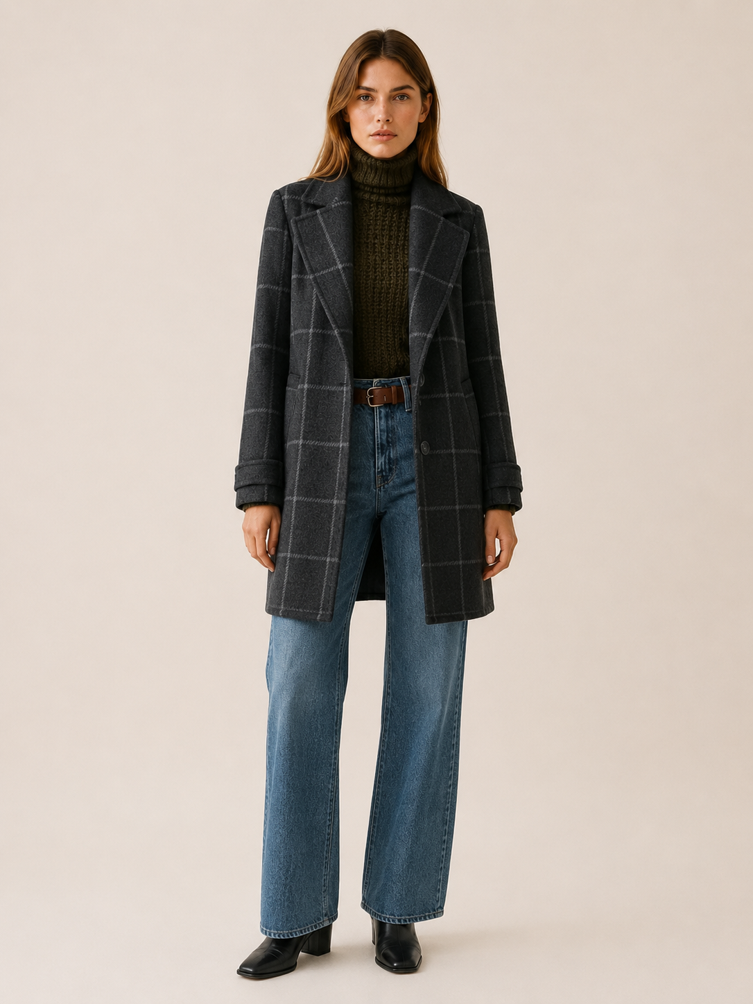 Elise | Trench Coat with Windowpane Check and Longline Fit