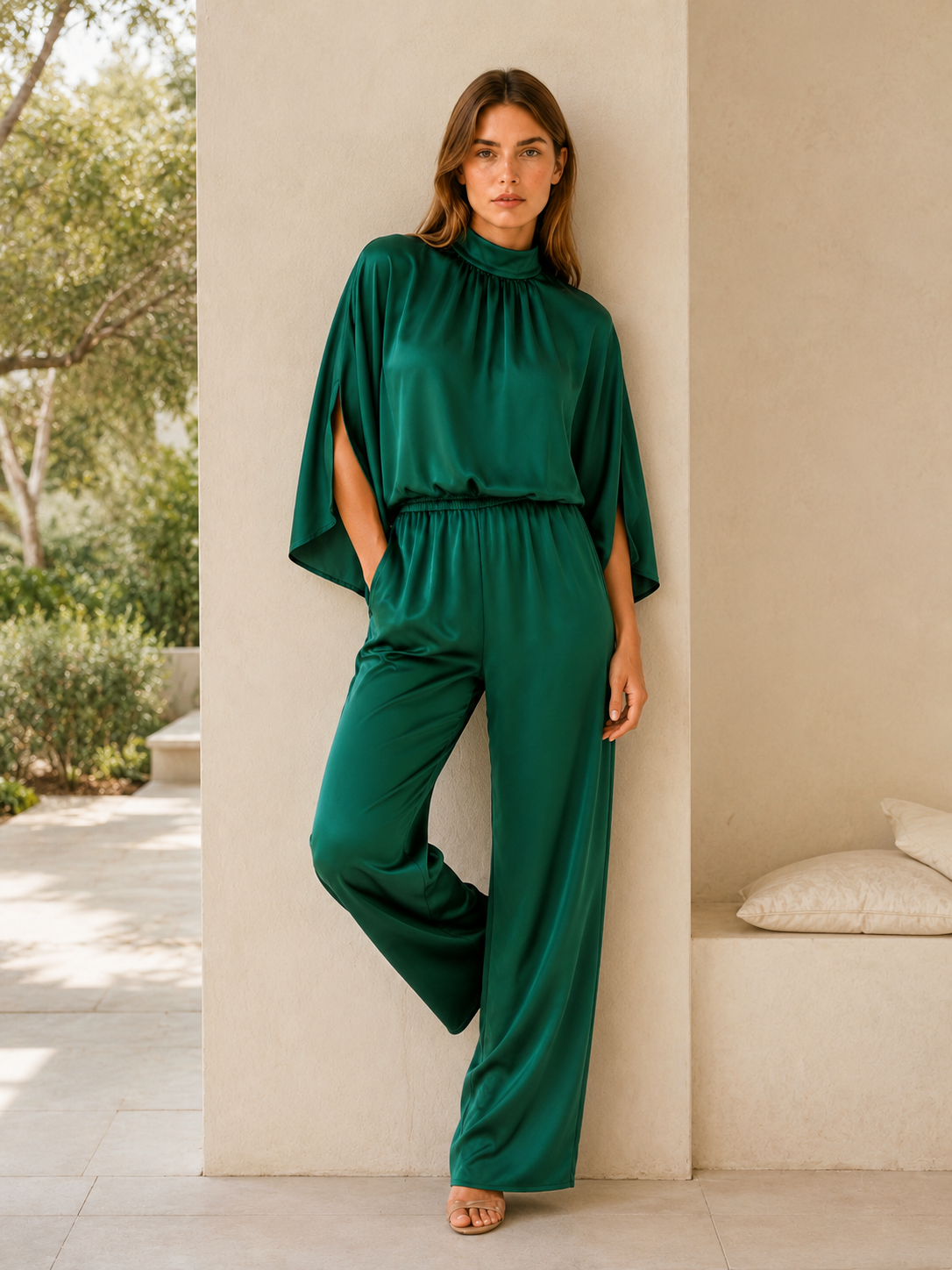 Elva | Cape Sleeve Jumpsuit with Wide-Leg Trousers