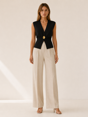 Elyssa | Knit Vest with Deep V Neck Statement Button