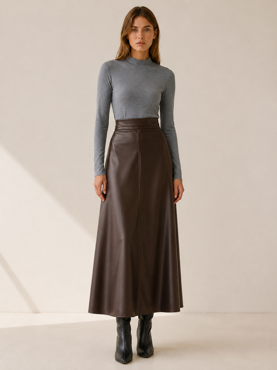 Emma | Women's Leather-Look High-Waisted A-Line Maxi Skirt