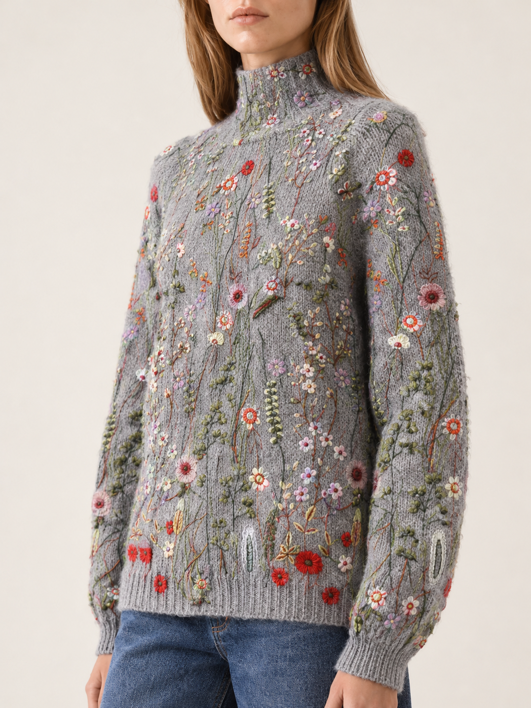 Emmeline | Women's Embroidered Floral Mock Neck Sweater Fall