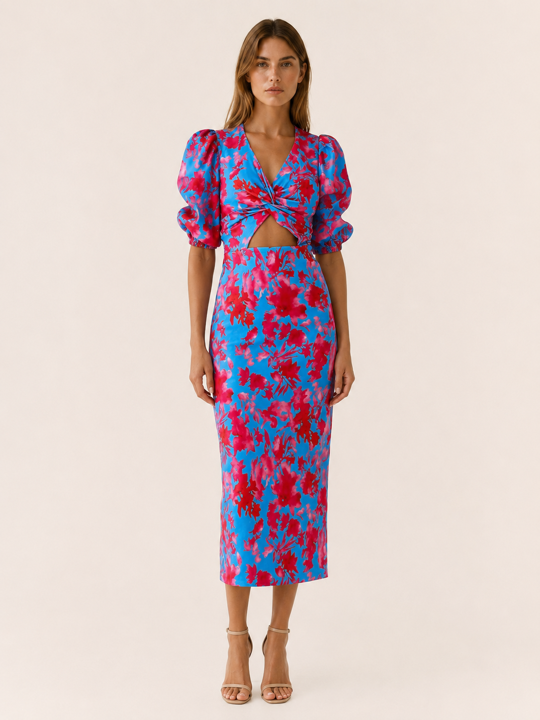 Eryva | Floral Midi Dress with Puff Sleeves Cut-Out Detail