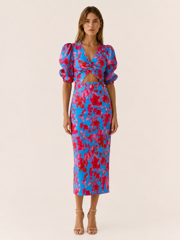 Eryva | Floral Midi Dress with Puff Sleeves Cut-Out Detail