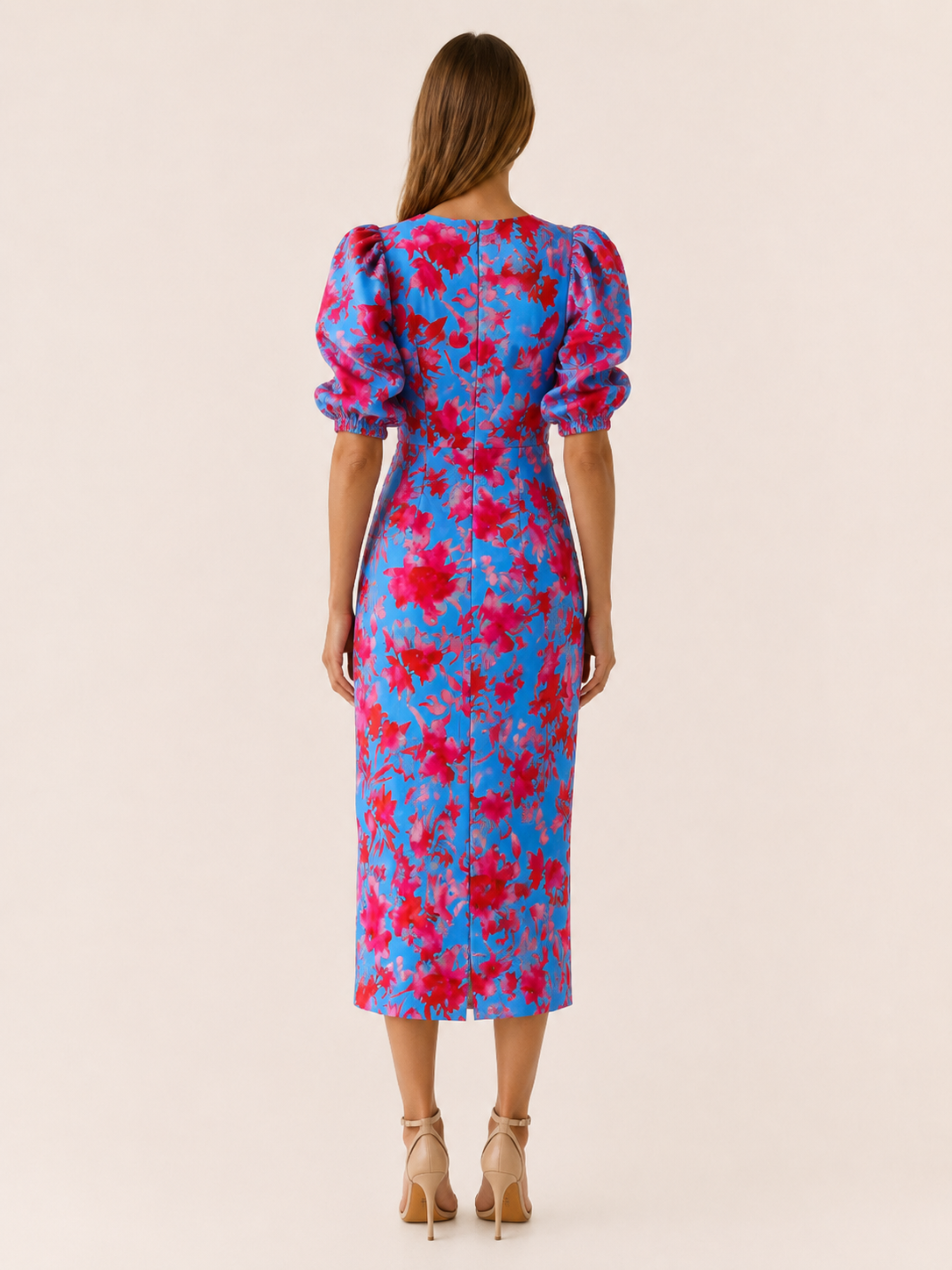 Eryva | Floral Midi Dress with Puff Sleeves Cut-Out Detail