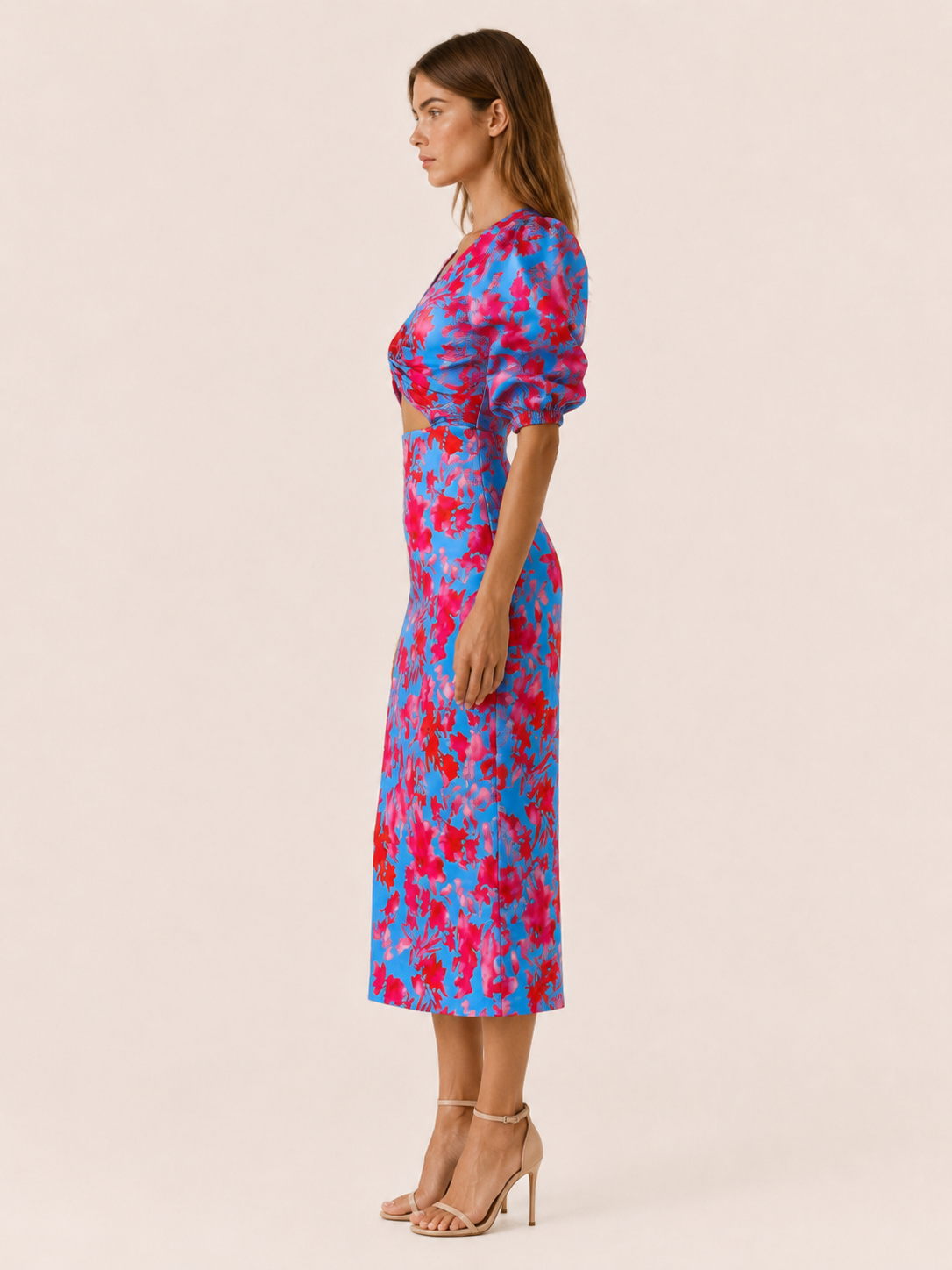 Eryva | Floral Midi Dress with Puff Sleeves Cut-Out Detail