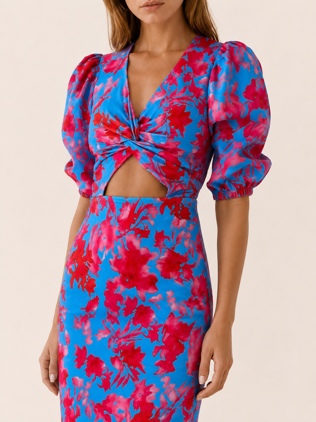 Eryva | Floral Midi Dress with Puff Sleeves Cut-Out Detail