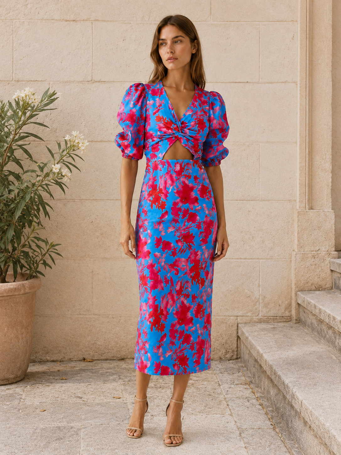 Eryva | Floral Midi Dress with Puff Sleeves Cut-Out Detail
