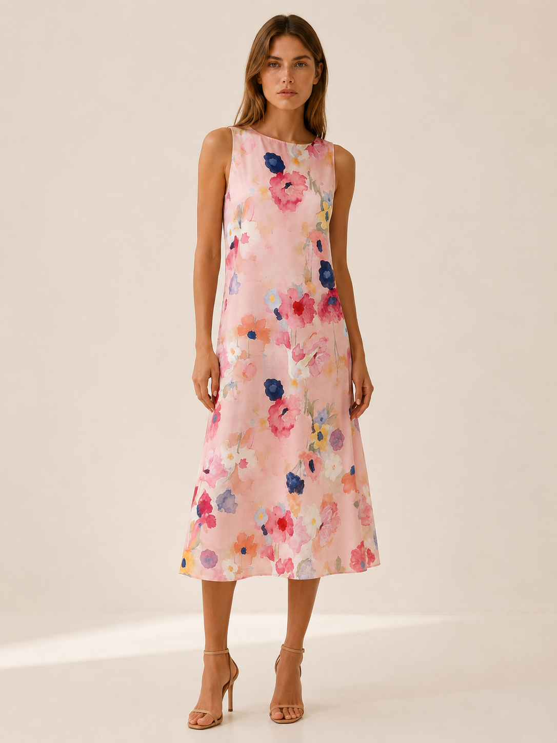 Esmay | Floral Midi Dress with Sleeveless A-Line Fit