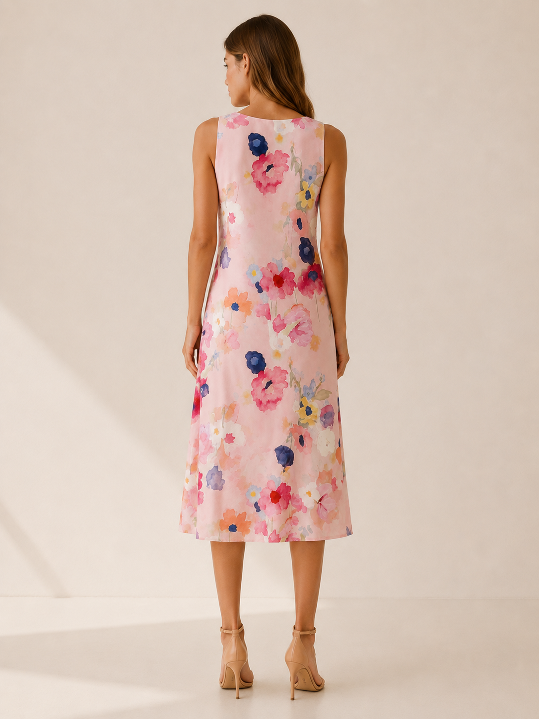 Esmay | Floral Midi Dress with Sleeveless A-Line Fit
