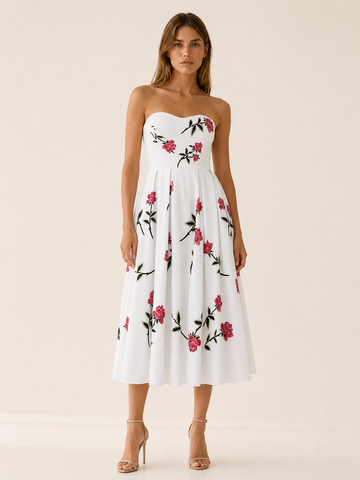 Esmira | Floral Midi Dress with Strapless A-Line Skirt