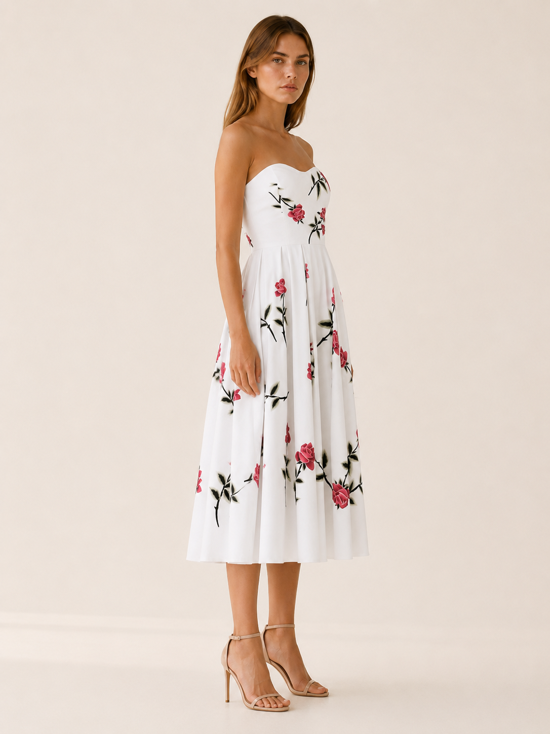 Esmira | Floral Midi Dress with Strapless A-Line Skirt
