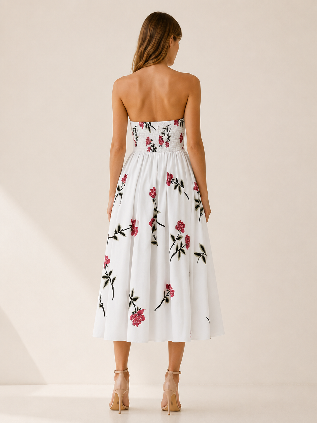 Esmira | Floral Midi Dress with Strapless A-Line Skirt