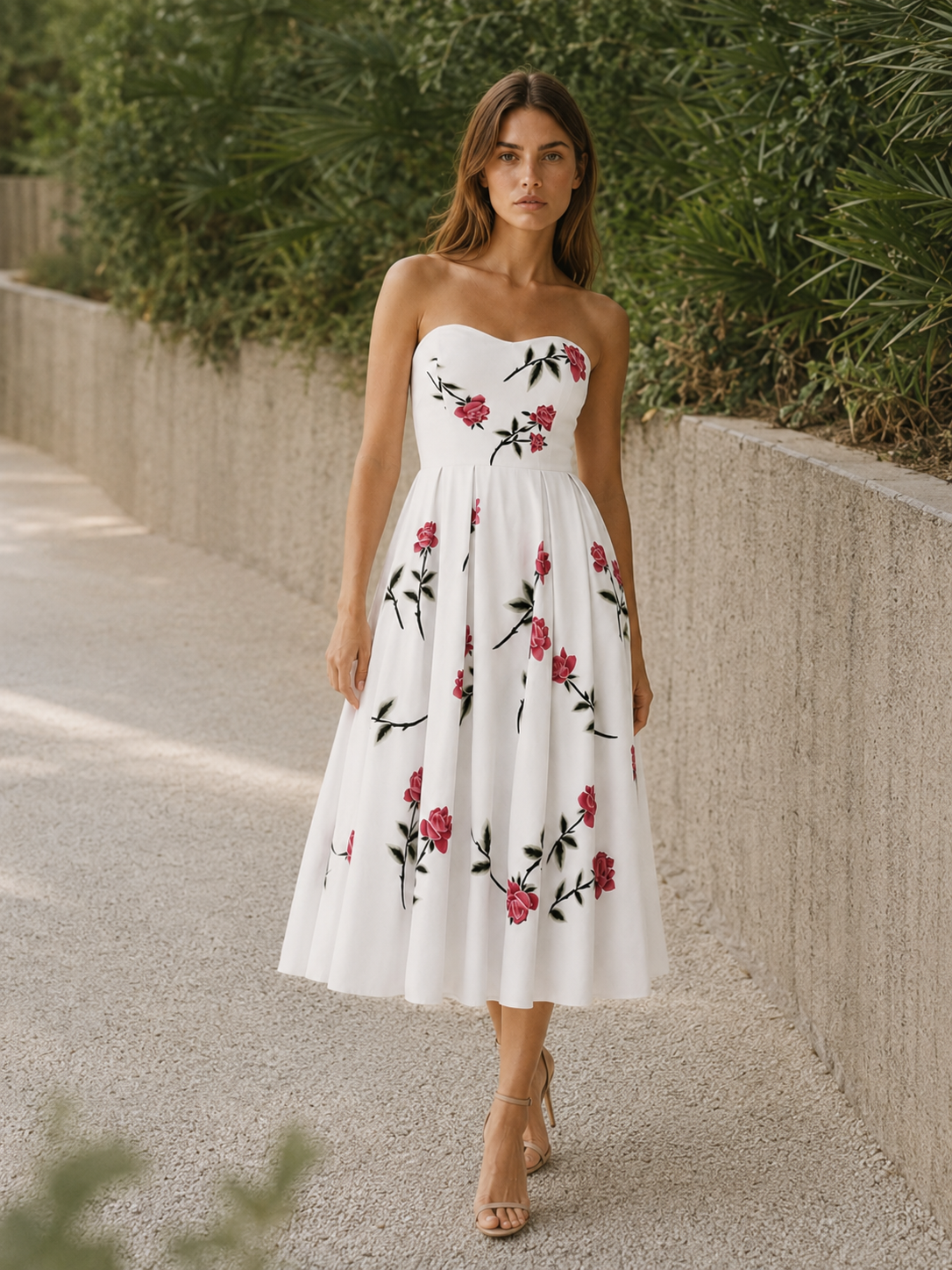 Esmira | Floral Midi Dress with Strapless A-Line Skirt