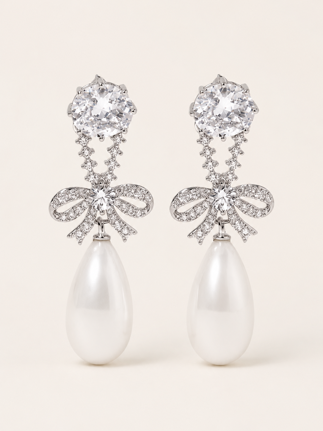 Etta | Bow Pearl Drop Earrings with Crystal Detail