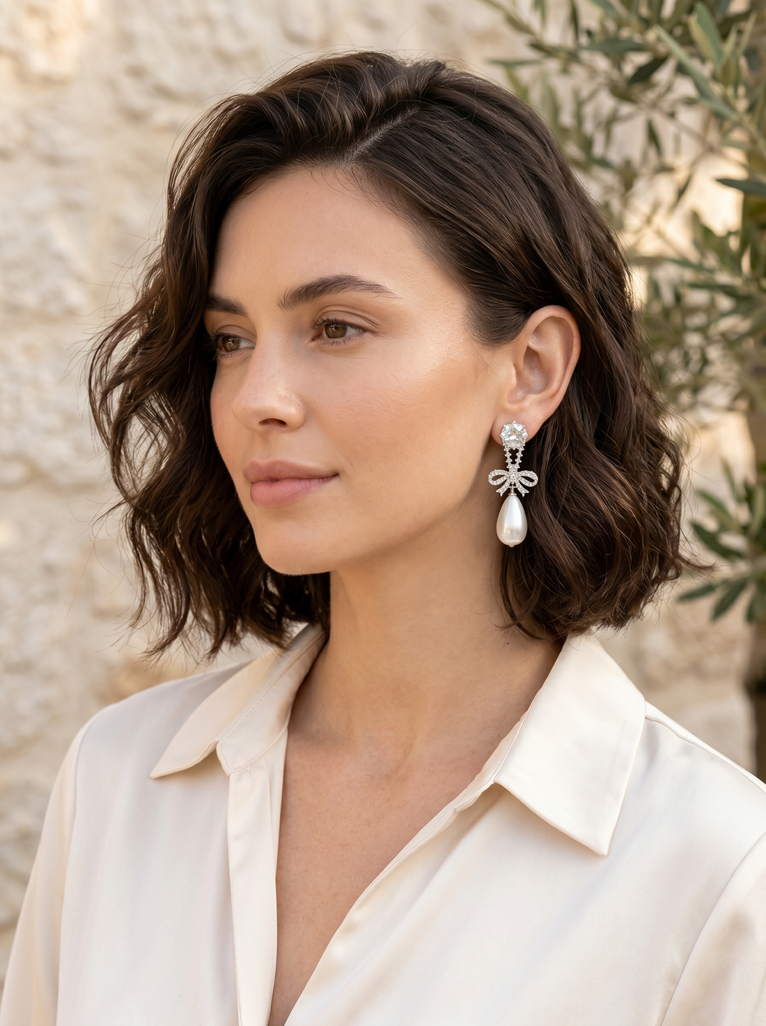 Etta | Bow Pearl Drop Earrings with Crystal Detail