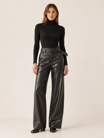 Eugenia | Women's Belted Faux Leather Wide Leg Pants Fall Evening