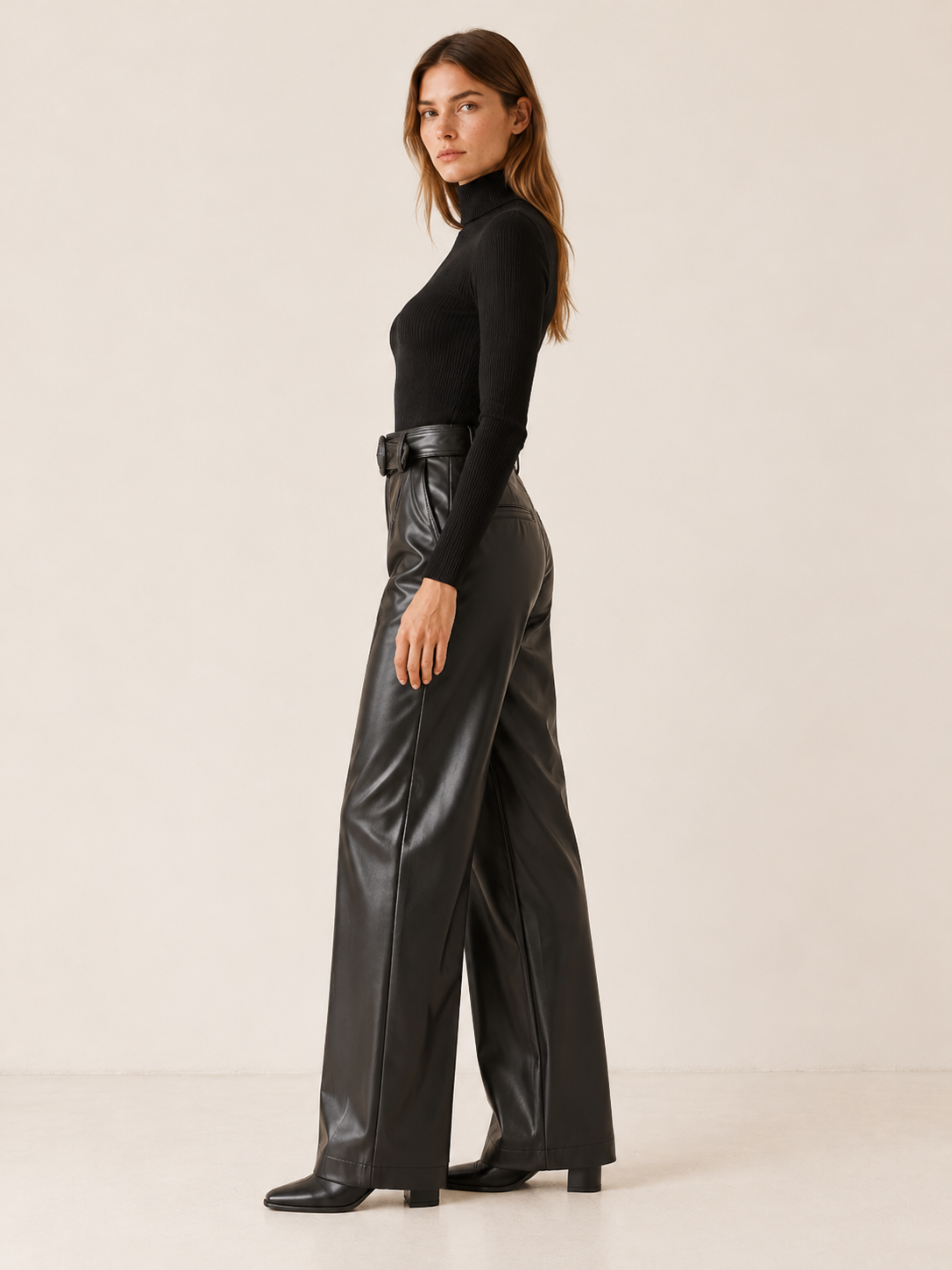 Eugenia | Women's Belted Faux Leather Wide Leg Pants Fall Evening