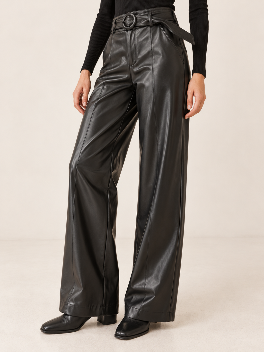 Eugenia | Women's Belted Faux Leather Wide Leg Pants Fall Evening