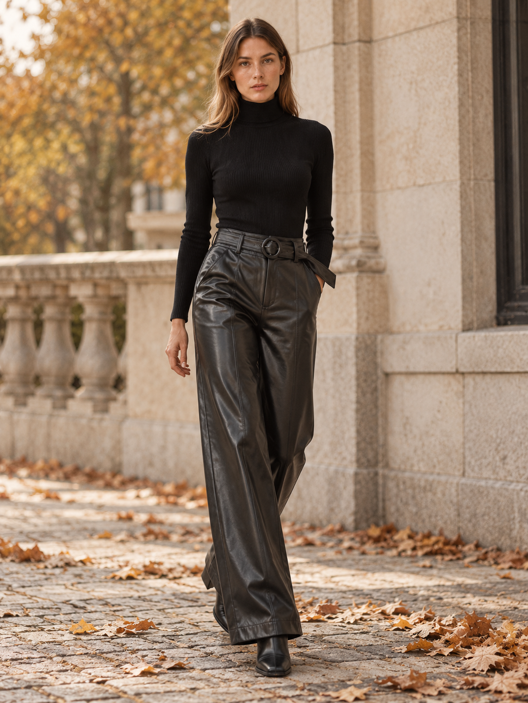 Eugenia | Women's Belted Faux Leather Wide Leg Pants Fall Evening