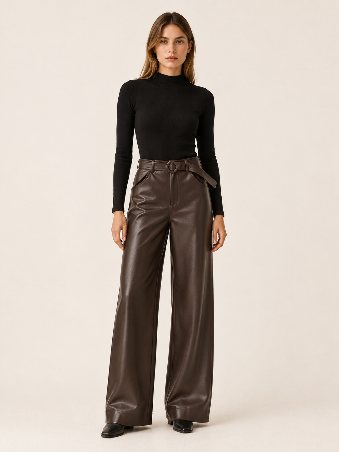 Eugenia | Women's Belted Faux Leather Wide Leg Pants Fall Evening
