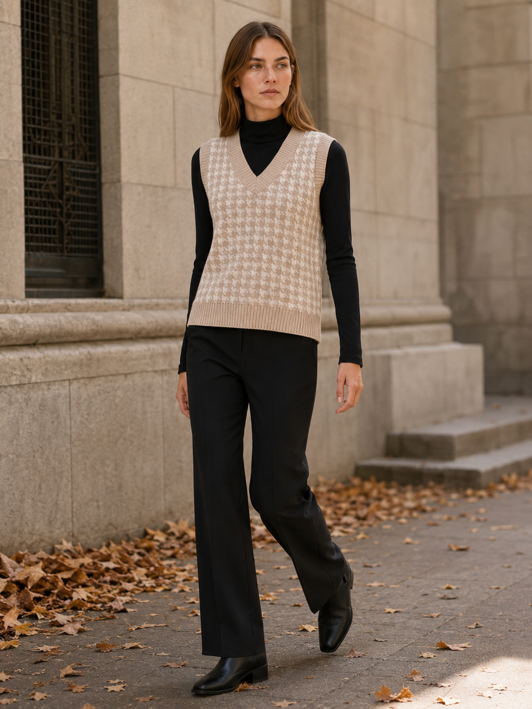 Evadne | Sweater Vest with Houndstooth Pattern and V-Neck