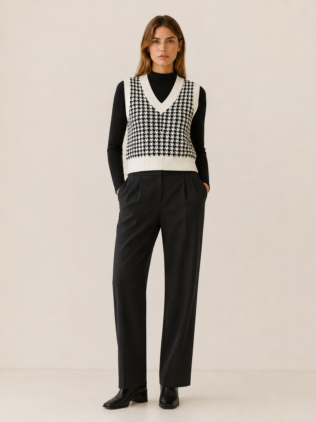 Evadne | Sweater Vest with Houndstooth Pattern and V-Neck